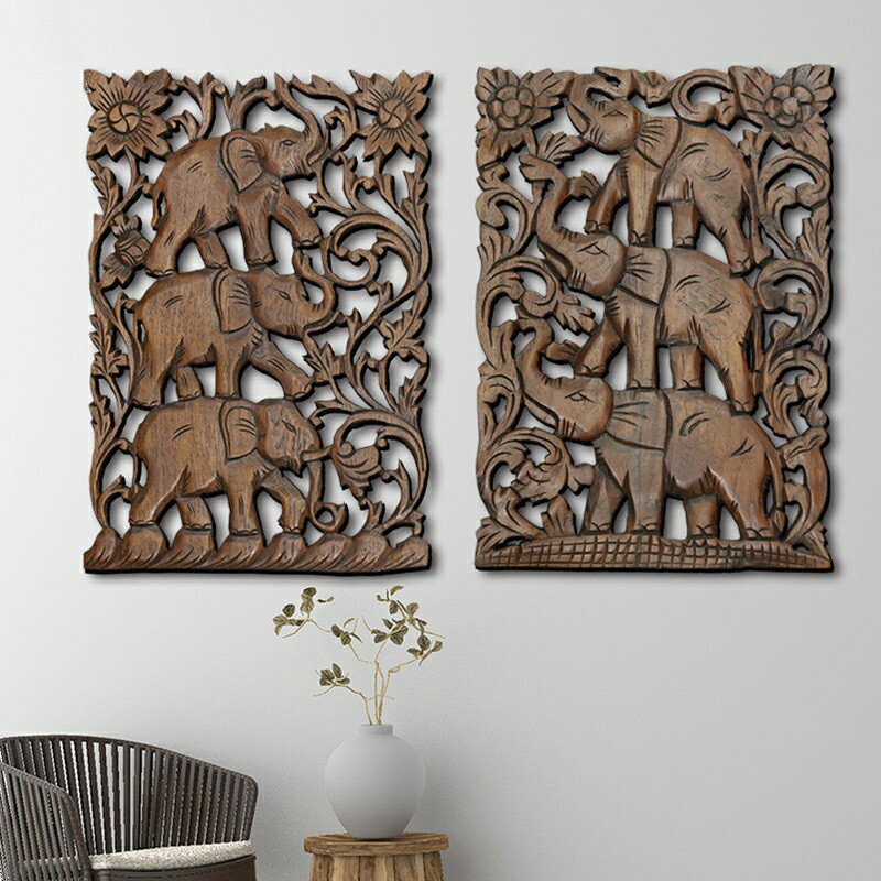 東南亞實木柚木大象雕板創意鏤空雕花木雕客廳玄關背景墻裝飾壁飾
