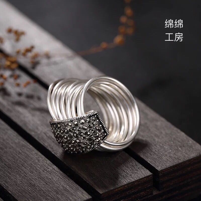 S925純銀鑲嵌馬克賽石指環時尚高檔多環女士爆款戒指