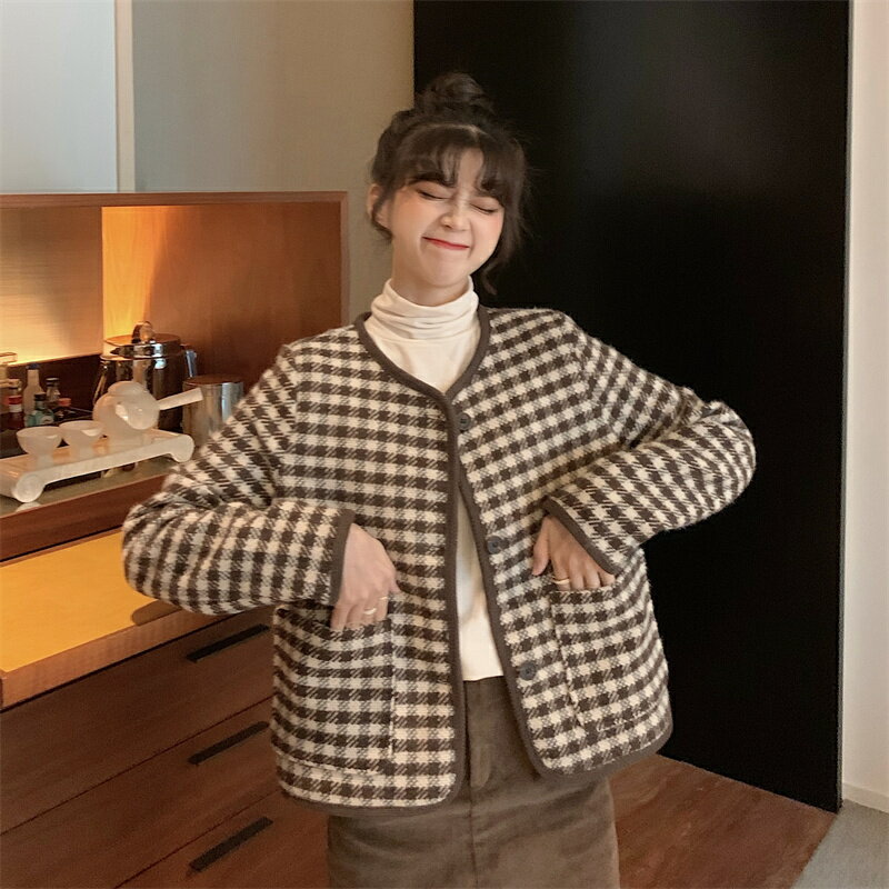小香風毛呢格子外套女秋冬季百搭韓版寬松夾棉加厚短款夾克小個子