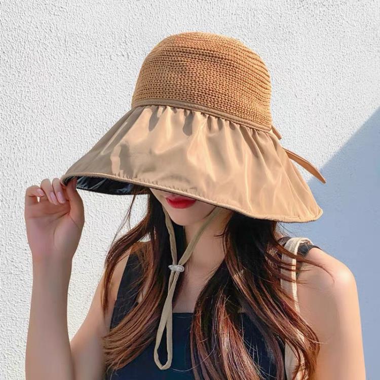 遮陽帽 帽子女夏日本UV防曬帽防紫外線黑膠空頂帽大沿遮臉遮陽沙灘太陽帽【林之舍】