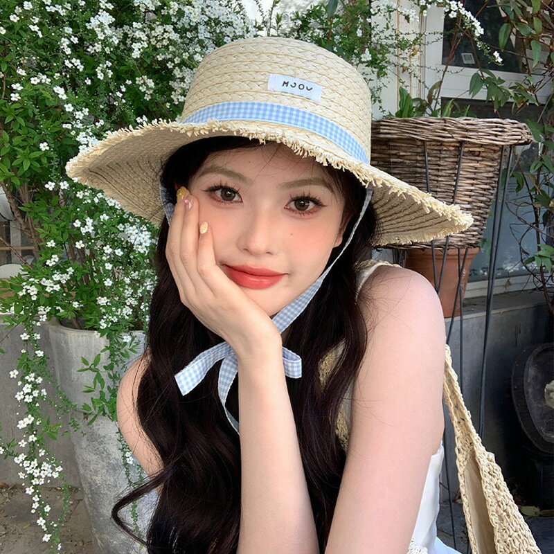 法式平頂系帶草帽女夏季海邊度假遮陽防曬草編帽大帽簷沙灘帽子