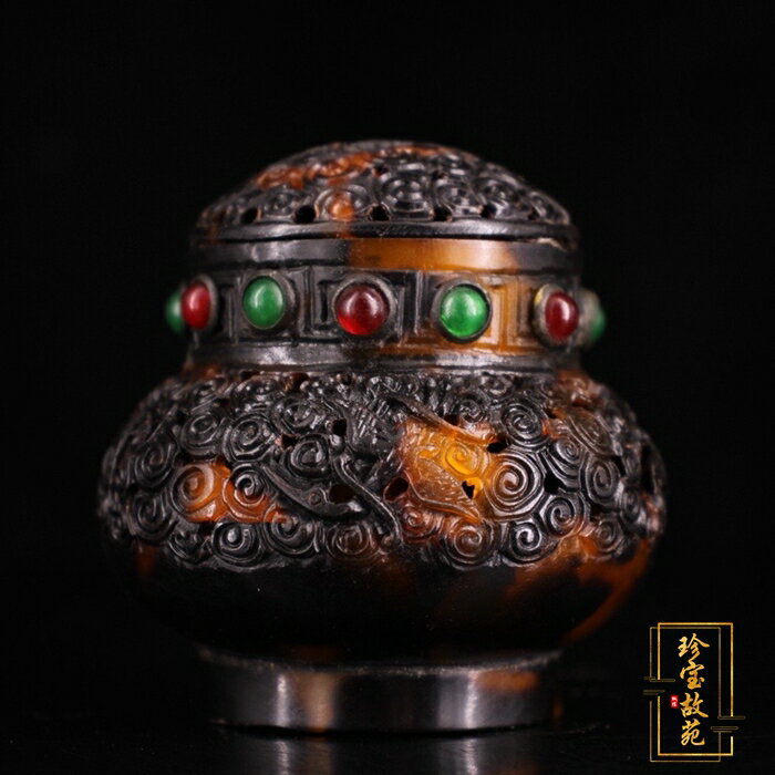 古玩雜項仿古工藝品純手工鏤空雕刻鑲寶石玳瑁蛐蛐罐影視道具擺件