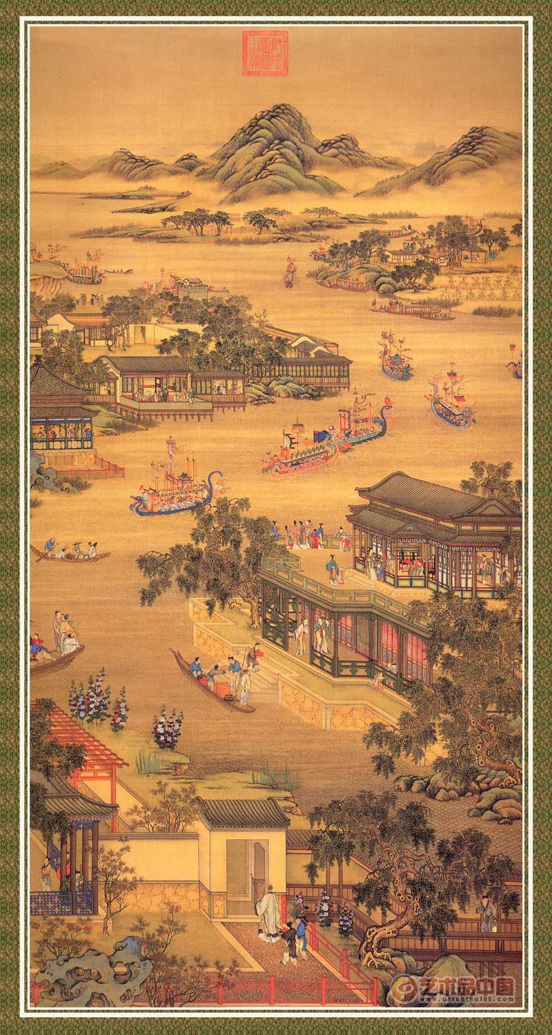仿古畫名畫復製品清雍正十二月行樂圖之五月山水畫國畫字畫