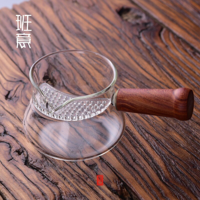 加厚耐熱半月牙杯玻璃茶杯帶木柄過濾泡茶杯帶茶隔過濾網一體1入