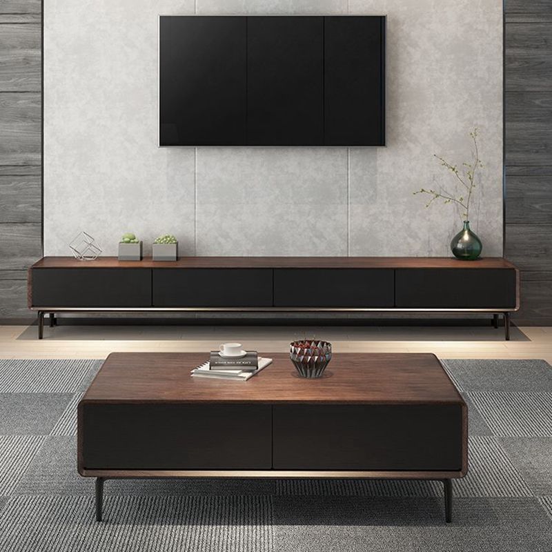 現代簡約胡桃色大小戶型黑色灰色電視柜茶幾組合北歐客廳家具地柜