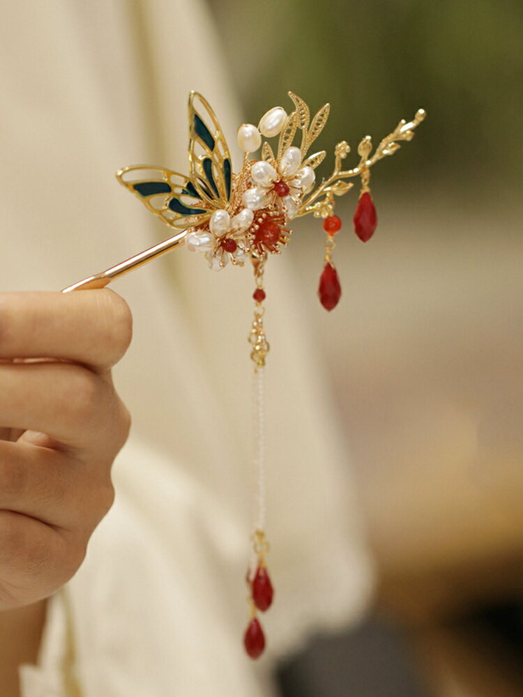 髮簪 木質髮簪 古風髮簪 髮簪簡約現代丸子頭盤髮國風旗袍紅色新年款頭飾秀禾服新娘髮飾女『ZW6426』