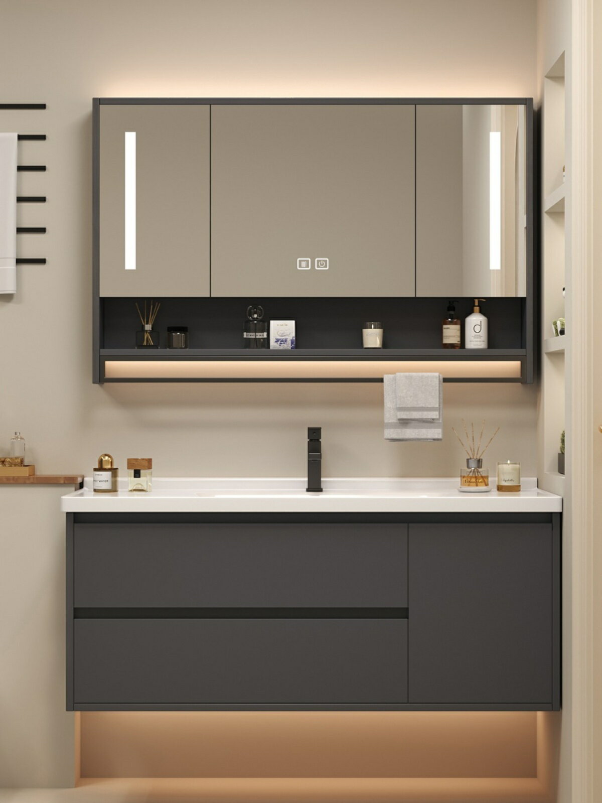 智能陶瓷一體浴室柜組合面盆洗手洗臉盆40CM寬小戶型衛生間洗漱臺/洗手盆/洗臉盆/洗漱盆/陶瓷盆/浴室盆/鏡櫃洗手盆一體式