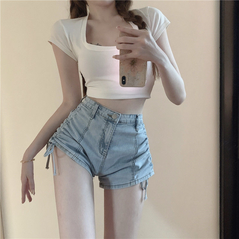 Women's high-waisted side drawstring denim shorts detail 1