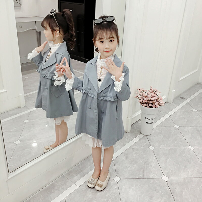 女童風衣長款新款春裝時尚純色外套兒童韓版洋氣時髦女孩童裝1入