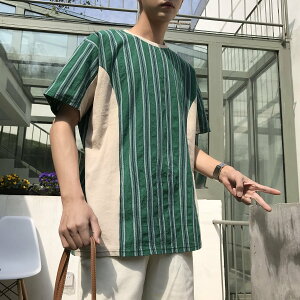 FINDSENSE H1 2018 夏季 日本 個性 拼接條紋 T恤 潮流 寬鬆 短袖 時尚 男 體恤 上衣