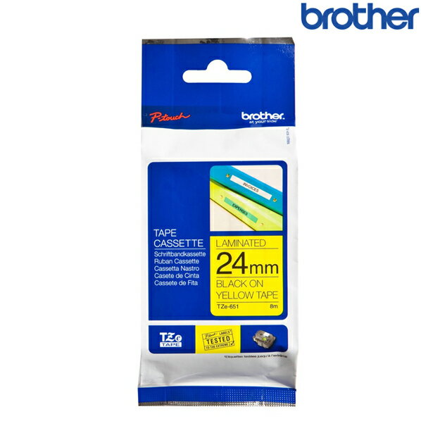 Brother兄弟 TZe-651 黃底黑字 標籤帶 標準黏性護貝系列 (寬度24mm) 標籤貼紙 色帶