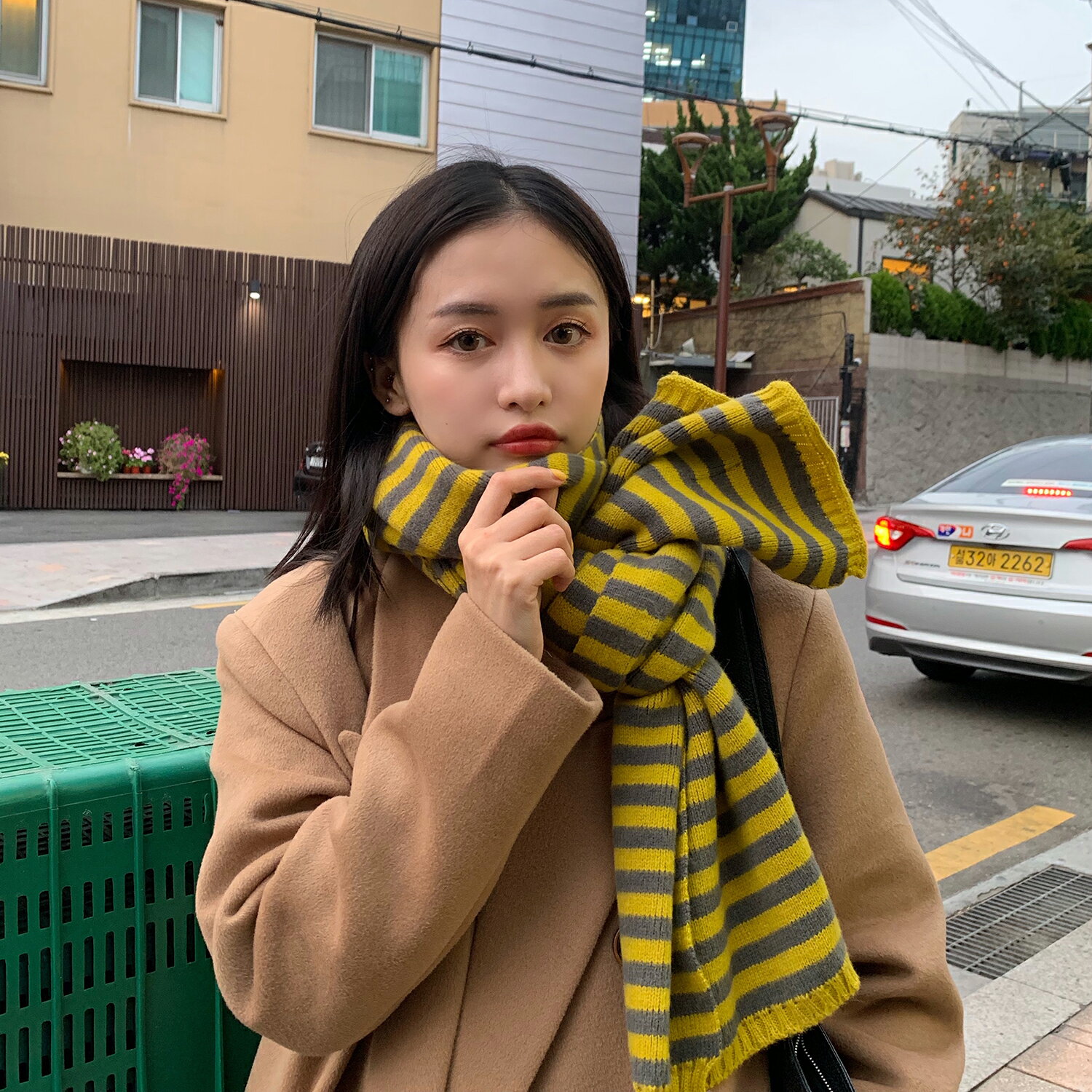店主自留款！韓國網紅款條紋針織圍巾女韓版百搭時尚秋冬保暖圍脖1入
