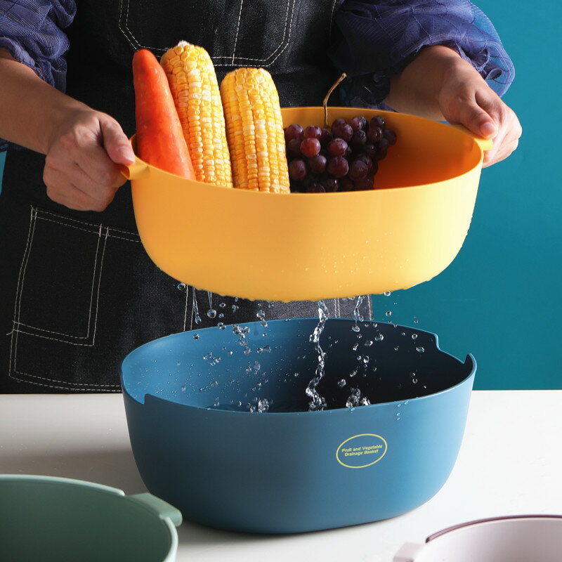 雙層瀝水籃廚房洗菜盆洗水果籃子創意水果盤北歐風格客廳茶幾果盤