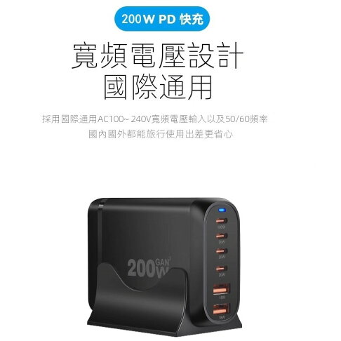 200W氮化鎵充電器 GAN充電器 4C2A快充頭 快充豆腐頭 PD100W快充充電頭 筆電充電器 旅行充 桌面充適配器【APP下單享4%回饋】 4