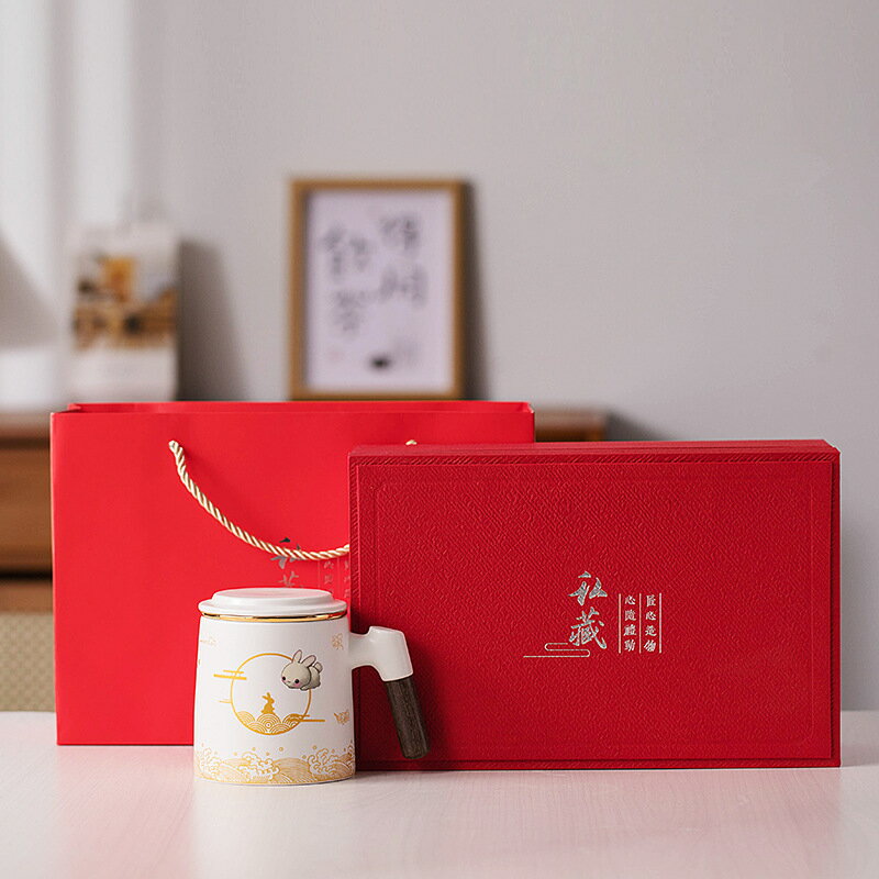 中秋玉兔陶瓷馬克杯茶水分離泡茶杯三件套辦公杯子印雕刻 0