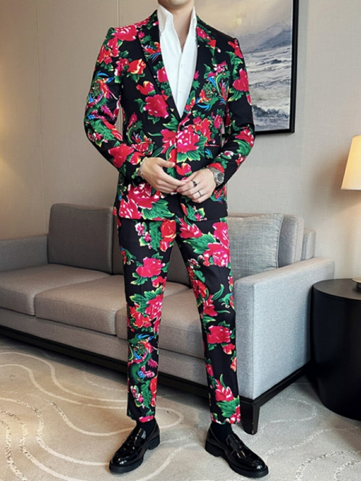 春秋高級感東北大花西服套裝修身男士休閒印花長袖西服兩件套