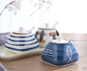 手繪日式陶瓷廚房調料罐套裝家用組合裝有蓋簡約鹽罐收納罐三件套