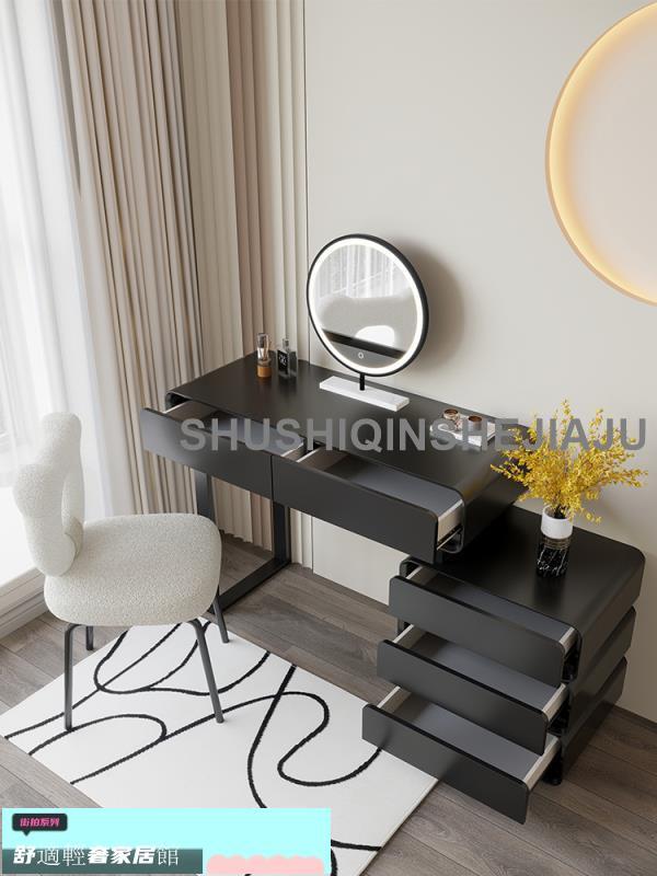 新品免運 黑色梳妝臺現代簡約斗柜一體臥室輕奢極簡化妝臺高級感伸縮化妝桌 4