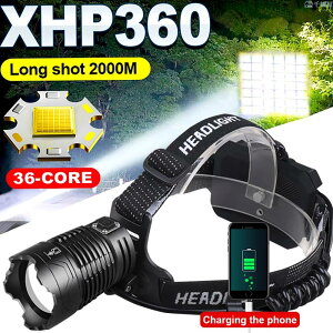 可縮放 XHP360 頭燈 36 芯 LED 頭燈使用 18650 電池手電筒可充電 4 照明模式頭燈