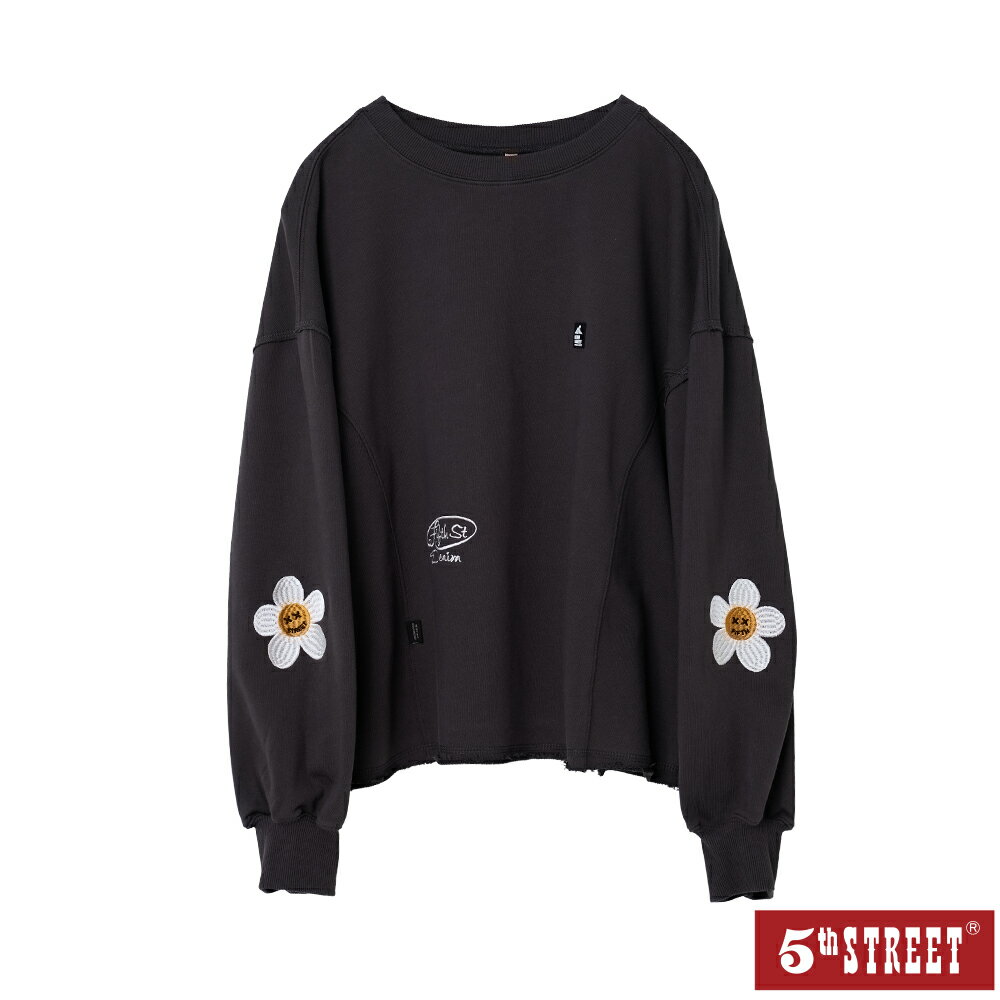 女裝 大學T 寬版 長袖 T恤 TEE 繡花 上衣 黑灰色 (560986) 【5th STREET】【年貨節全館390起】 治裝激推 最高折426