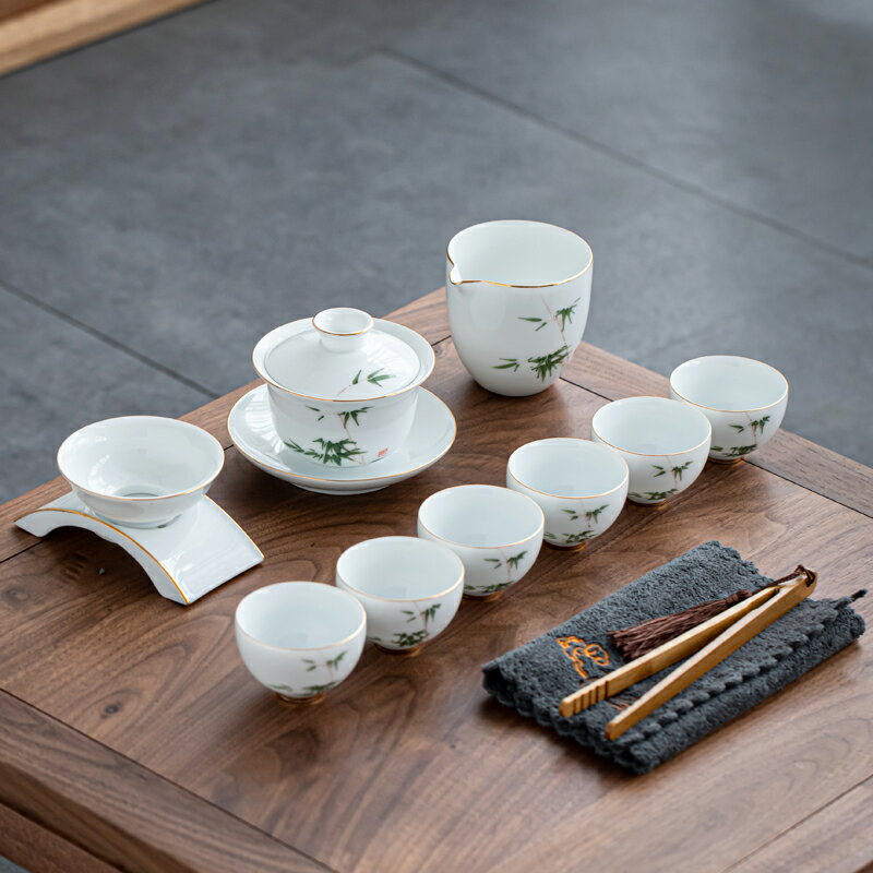 陶瓷手繪功夫茶具套裝陶瓷家用泡茶壺蓋碗簡約辦公室白瓷青