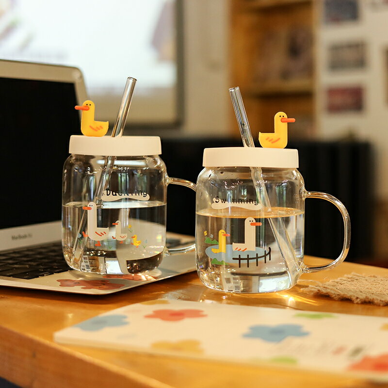 水杯女ins風透明吸管玻璃杯帶把便攜創意可愛杯子帶蓋大容量家用