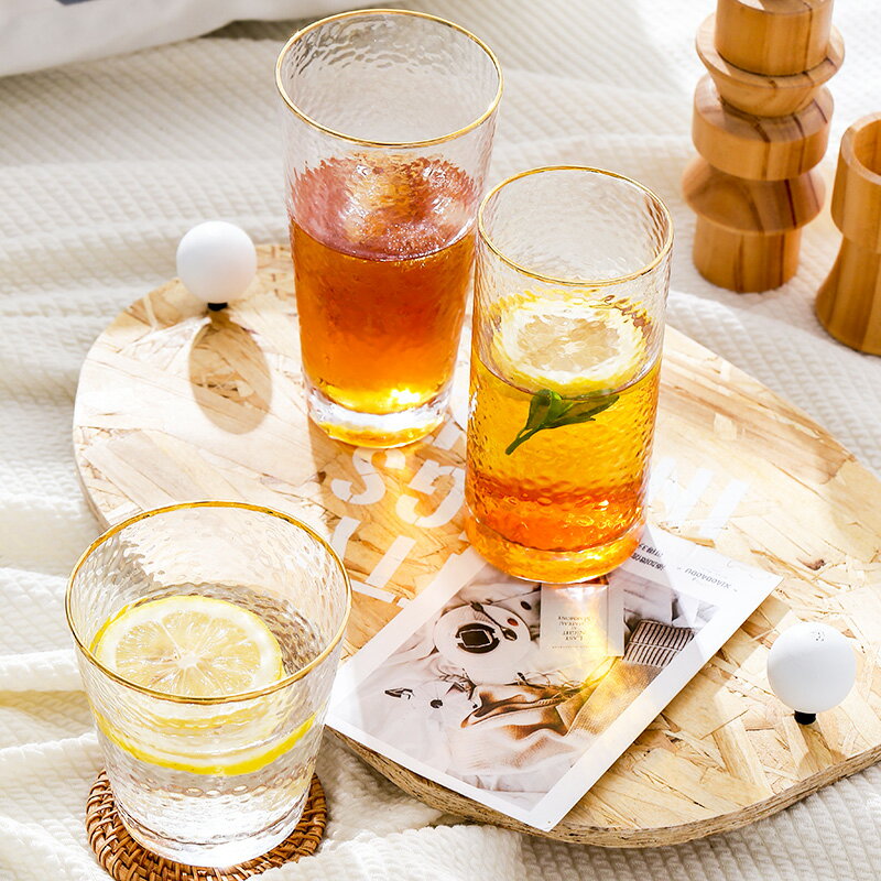 ins風日式家用客廳果汁飲料杯錘紋金邊網紅水杯女可愛玻璃杯套裝