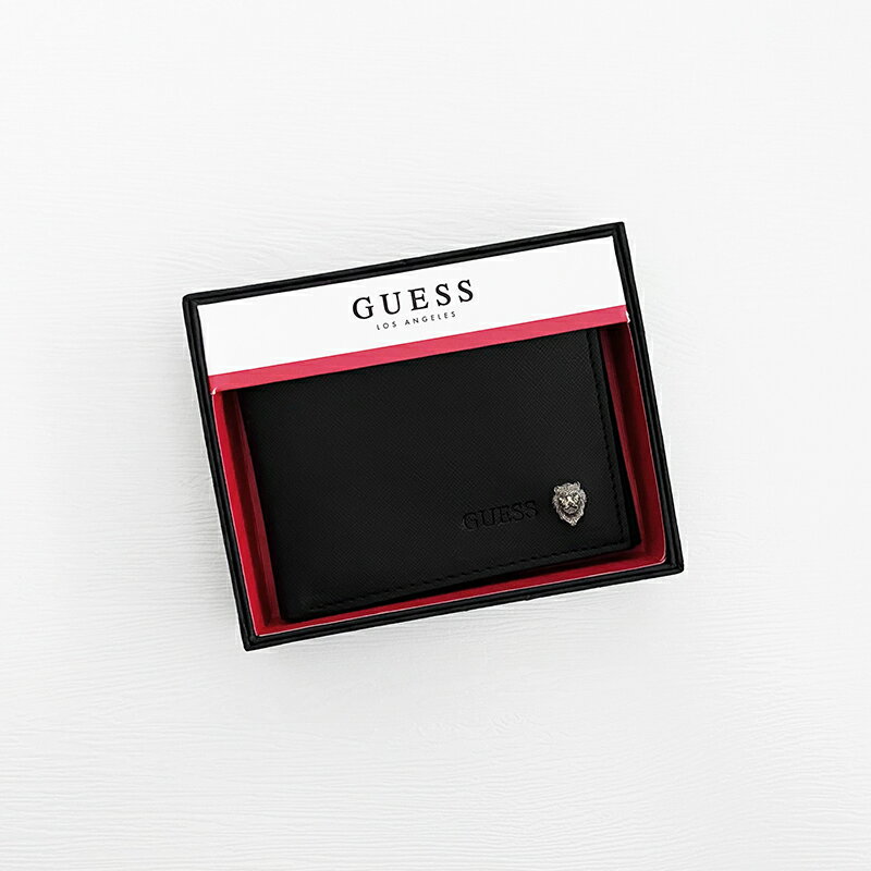 美國百分百【全新真品】GUESS 皮夾 短夾 皮革 專櫃精品 錢包 證件夾 獅子 LOGO 黑色 CS88