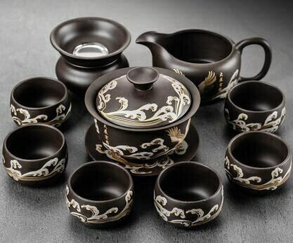 茶具 彩繪鎏純銀紫砂茶具套裝整套茶杯泡茶壺蓋碗創意現代家用功夫茶道