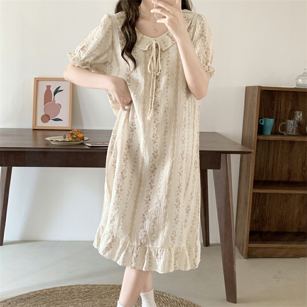 ＊ORead＊韓版碎花豎條紋肌理睡裙絲邊連身裙(圖片色M~2XL)【限定加碼✿全館滿額再折】