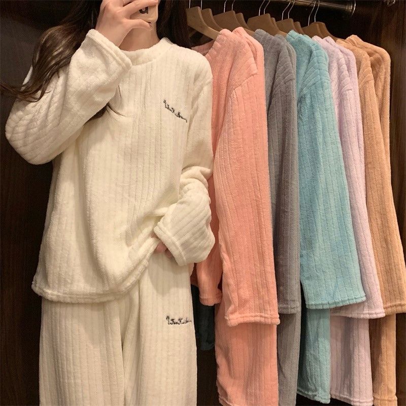 睡衣 珊瑚絨家居服 加厚加絨冬季睡衣 女可外穿睡衣套裝 寬松慵懶風家居服兩件套