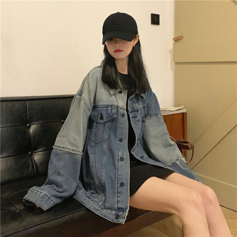 春季新款寬松拼色中長款POLO領洋氣長袖牛仔外套女裝潮酷