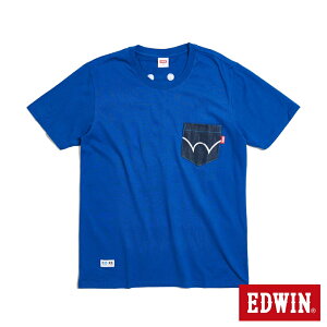 EDWIN 再生系列 牛仔布口袋印花 LOGO短袖T恤-男款 藍色