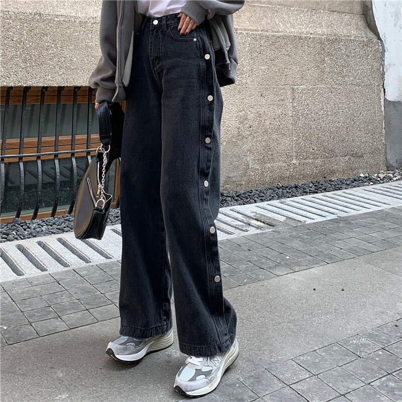 春季寬松顯瘦高腰闊腿排扣褲子女150cm小個子直筒九分牛仔褲chic