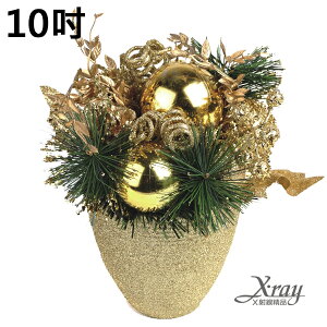 10吋金色盆景裝飾，聖誕佈置/擺飾/造景/松果/鍍金球/花材，X射線【X778680】