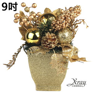 9吋金色盆景裝飾，聖誕佈置/擺飾/造景/松果/鍍金球/花材，X射線【X779799】