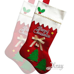 台灣現貨 18＂裝飾聖誕襪(紅色蝴蝶結哈利葉聖誕樹款)，聖誕衣/聖誕帽/聖誕襪/聖誕禮物袋/聖誕老人，X射線【X383014】