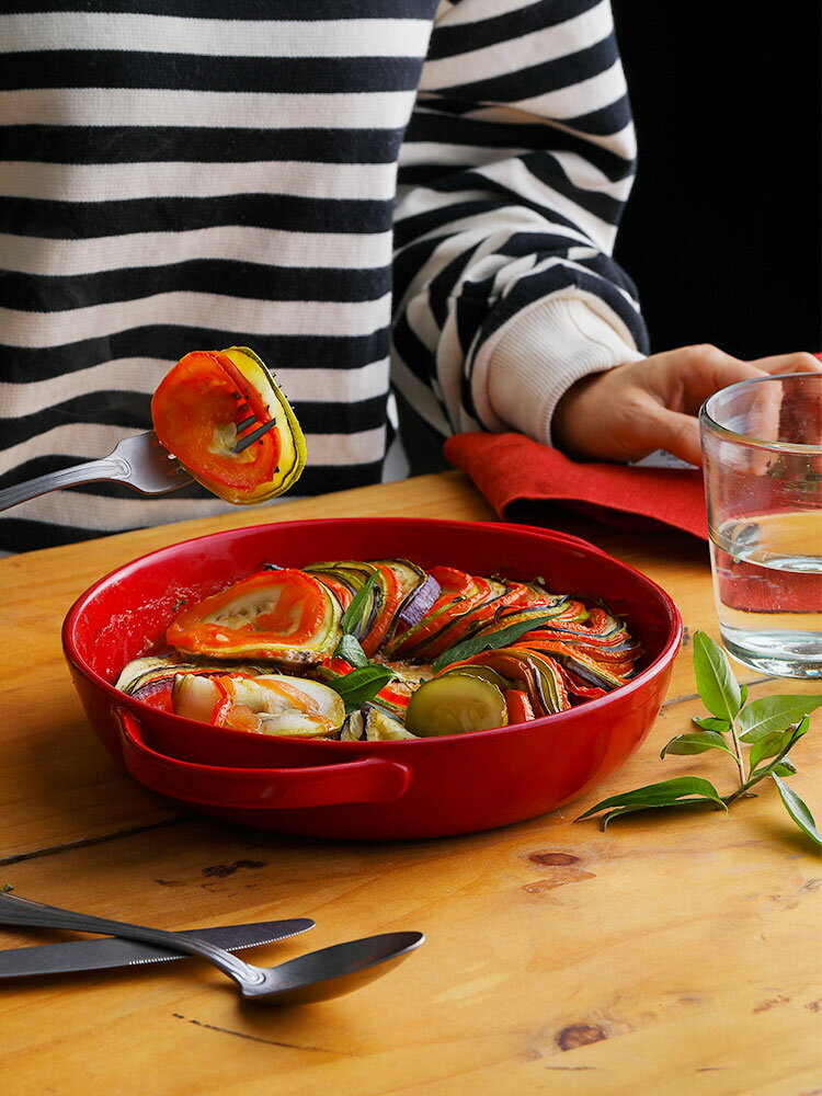 朵頤WS披薩烤盤陶瓷烤箱紅色盤子烘焙沙拉盤家用芝士焗飯烤盤菜盤1入