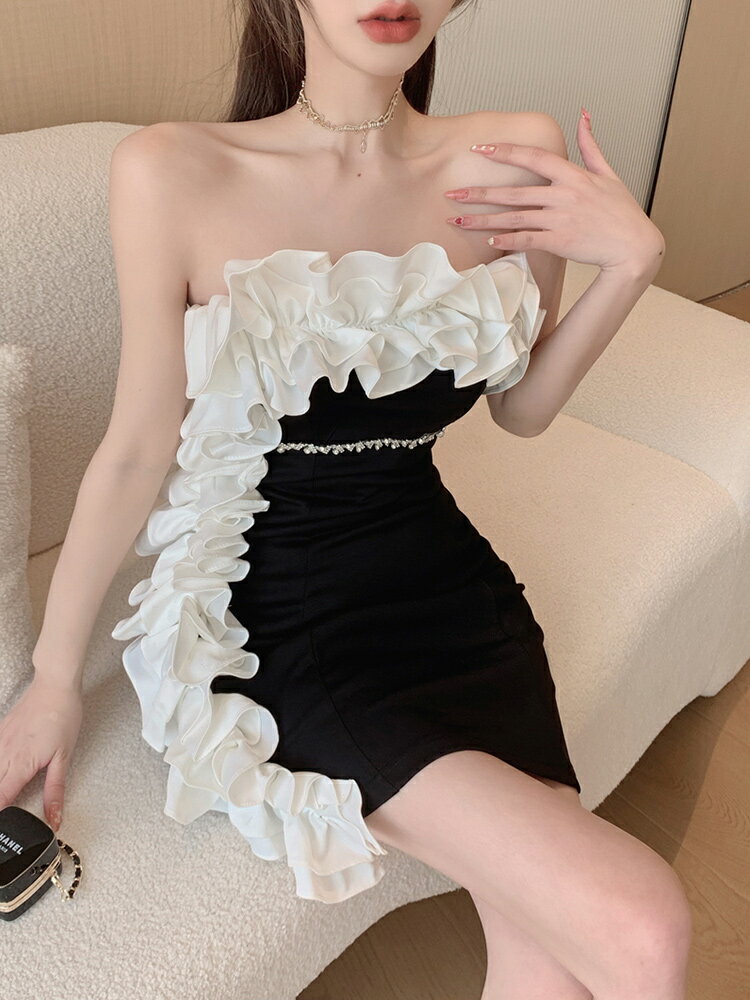 法式黑色一字肩抹胸連衣裙女夏季高級感時尚氣質名媛生日小禮服裙