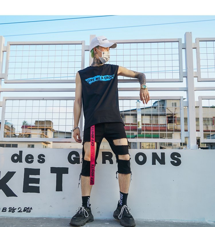 FINDSENSE H1 2018 夏季 新款 男 個性 字母印花 飄帶 原宿風 嘻哈 修身 背心 馬甲 獨家款