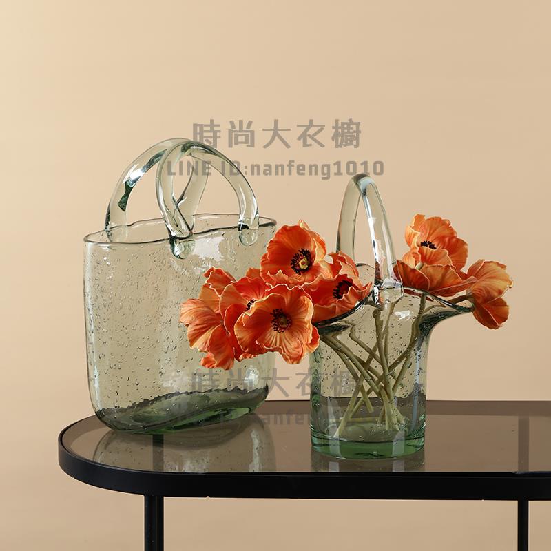 輕奢手提籃包包玻璃花瓶擺件客廳插花創意魚缸家居裝飾【時尚大衣櫥】