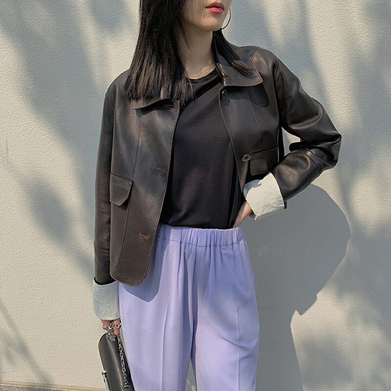 【巴黎精品】皮衣外套真皮夾克-潮流寬鬆內翻袖羊皮女外套2色a1dp37