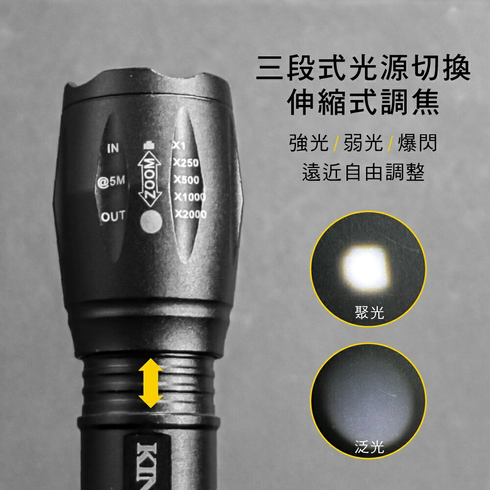 【KINYO】大廣角高亮度手電筒 (LED) 充電式 三段光源 T6 LED 照射250M ｜露營用 戶外 6