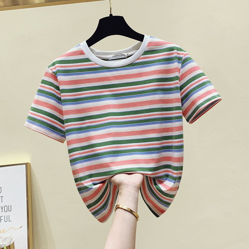 年夏季韓版新款時尚寬松顯瘦短袖上衣氣質百搭彩虹條紋T恤女