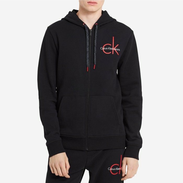 美國百分百【全新真品】Calvin Klein 外套 CK 夾克 連帽 棉質 上衣刷毛 男 黑色 紅色logo S-XL號 I514