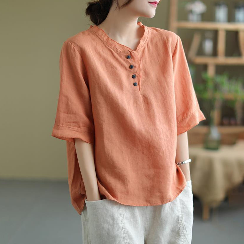 棉麻上衣夏季百搭休閒套頭襯衫寬版純色氣質中式女上衣薄款圓領【淘夢屋】