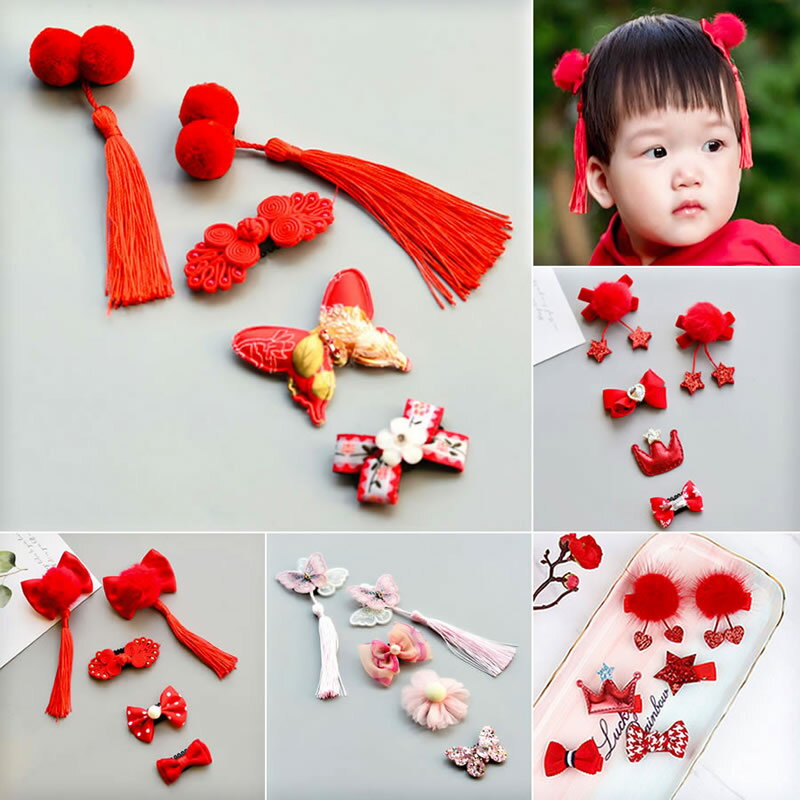 寶寶汗毛夾發量少新年紅色中國風漢服頭飾嬰兒發夾子復古旗袍發飾