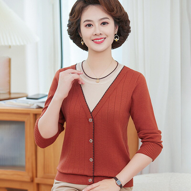 【米蘭精品】現貨+預購 高級針織衫上衣秋冬毛衣寬鬆大碼休閒女裝百搭媽媽裝-長袖假兩件女上衣4色74mo83