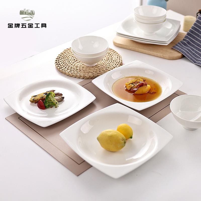 景德鎮純白色盤子菜盤 家用 方形骨瓷創意飯盤子 陶瓷 炒菜碟子深湯盤wj7232