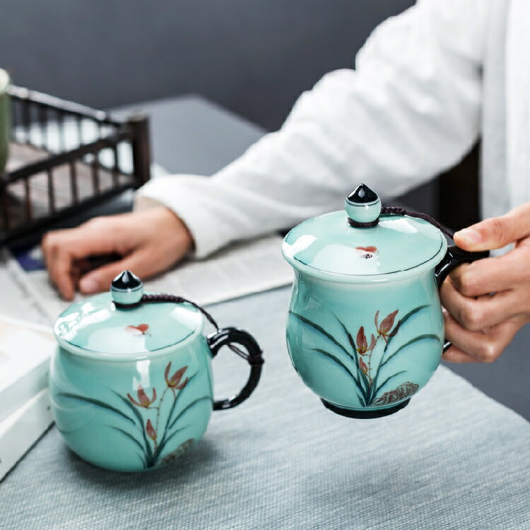 青瓷陶瓷茶杯陶瓷單個手繪帶蓋過濾辦公室茶水分離泡茶杯家用杯子